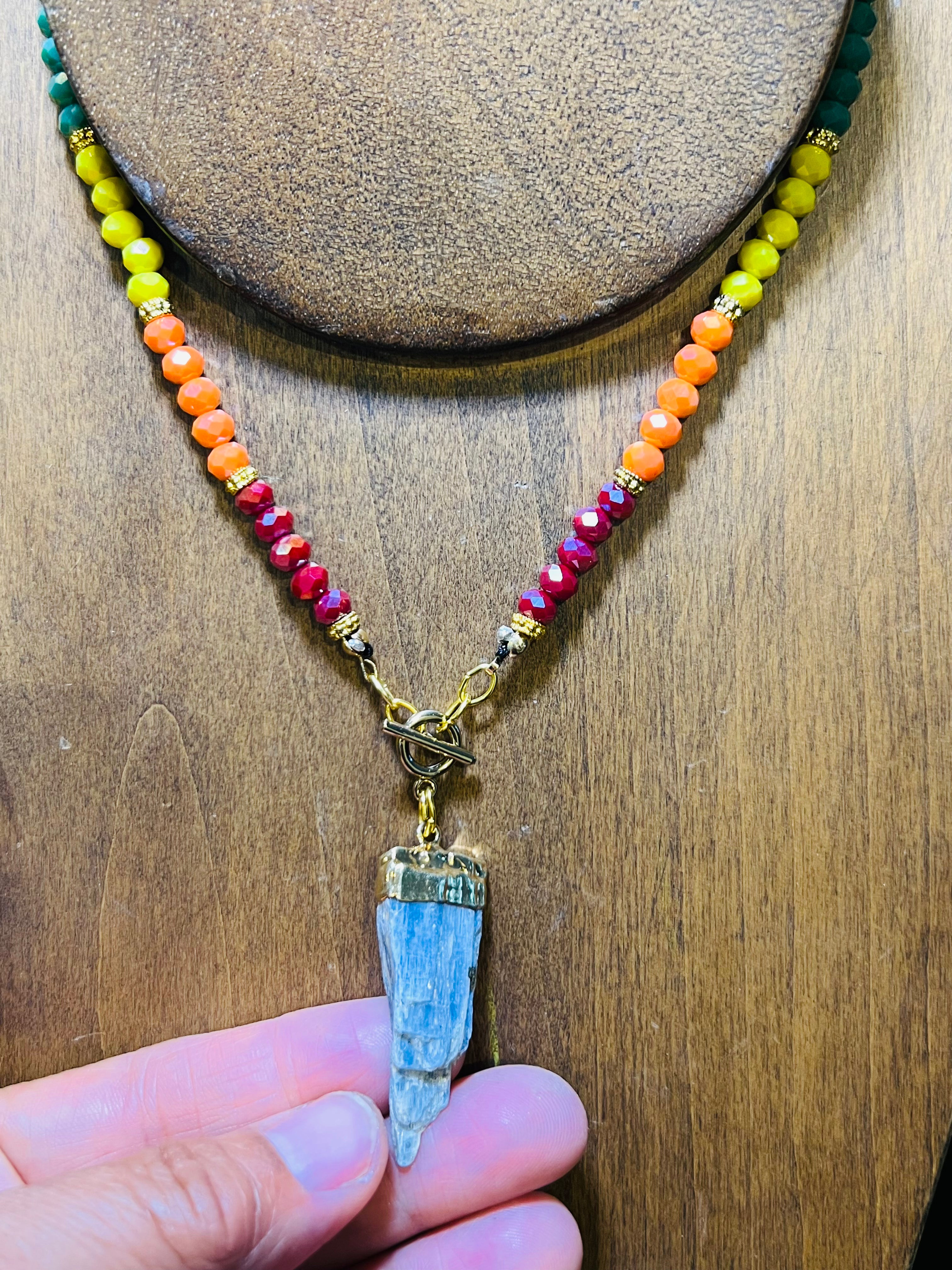 Front Clasp Necklace - Kyanite + Rainbow Glass