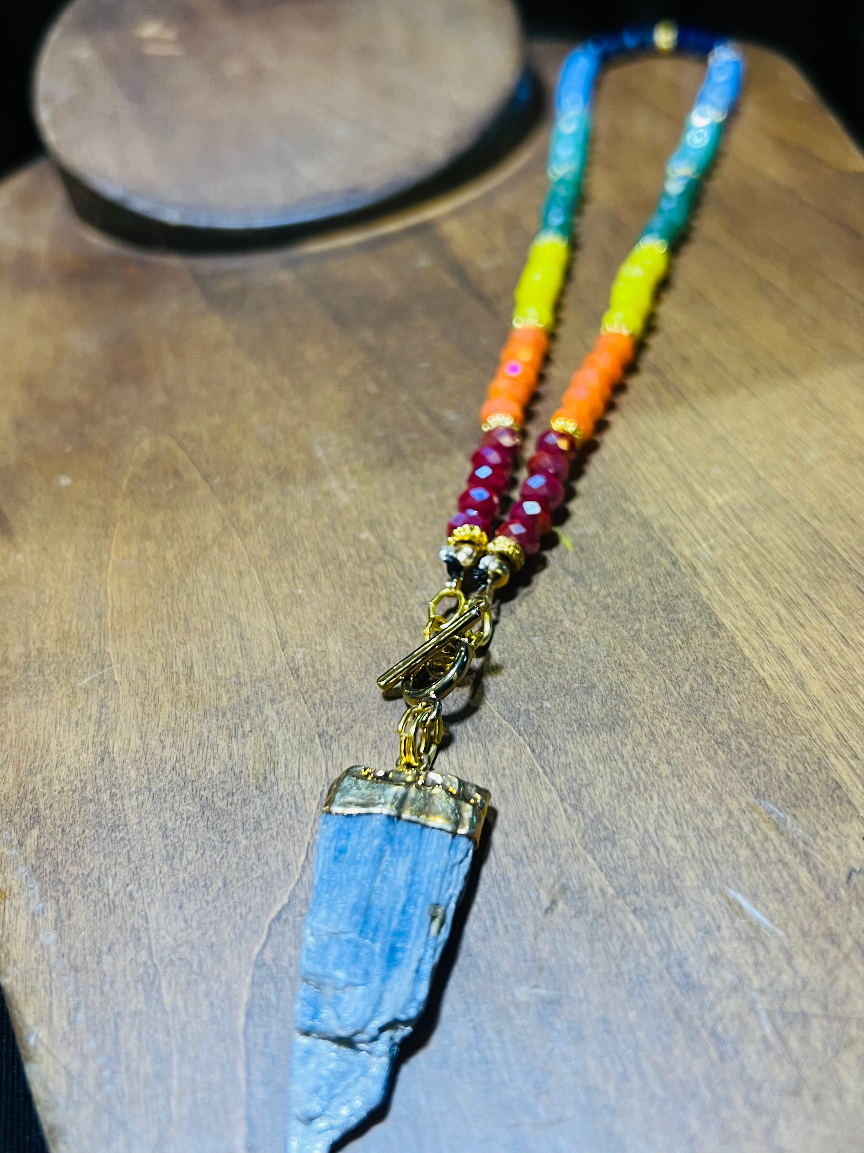 Front Clasp Necklace - Kyanite + Rainbow Glass