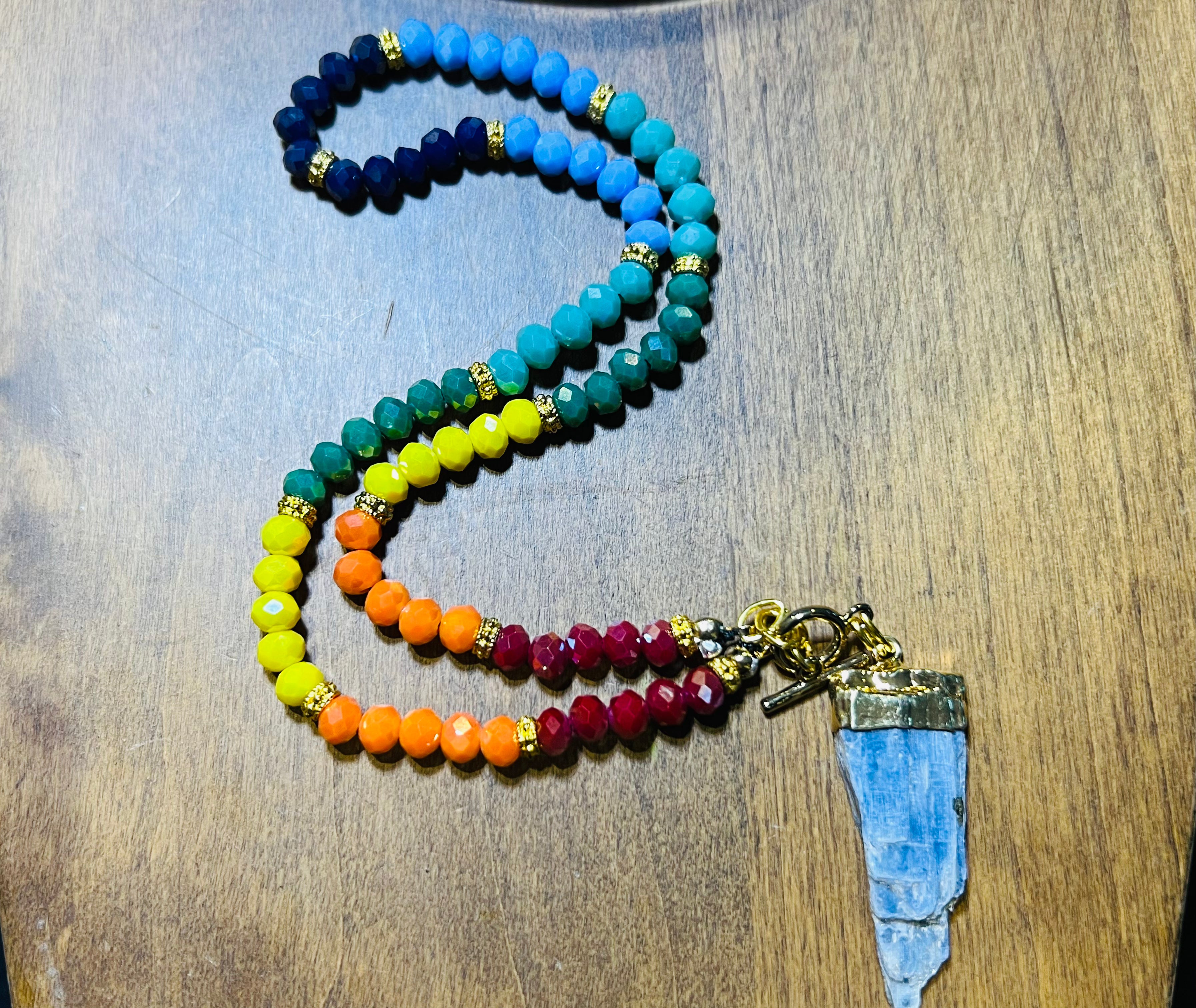 Front Clasp Necklace - Kyanite + Rainbow Glass