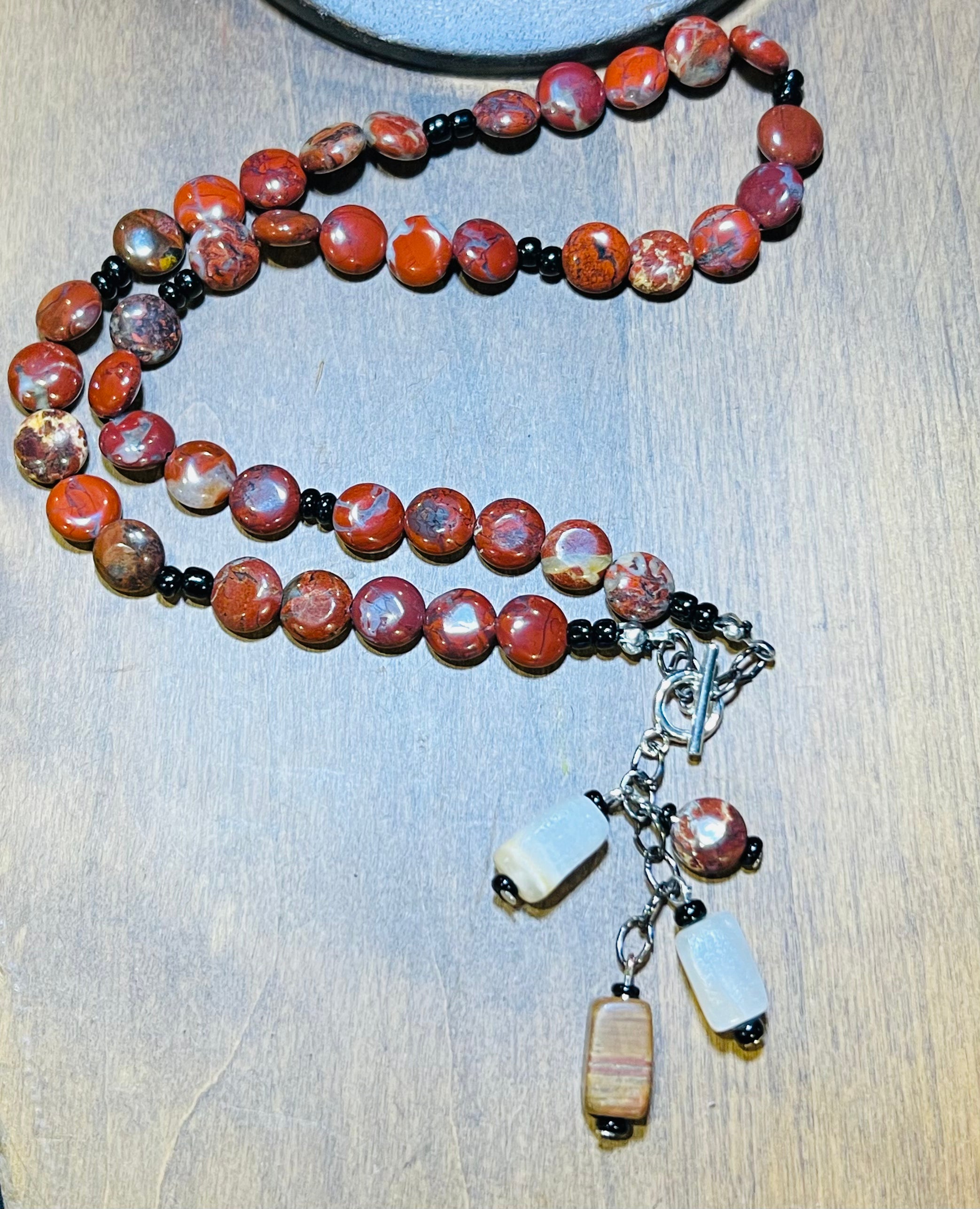 Front Clasp Necklace - Mookaite Jasper + Italian White Onyx