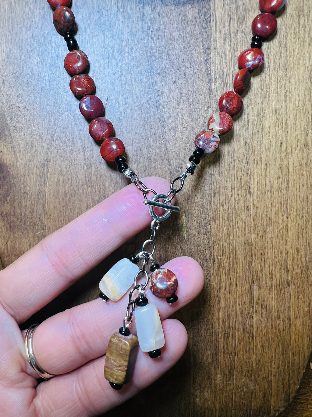 Front Clasp Necklace - Mookaite Jasper + Italian White Onyx
