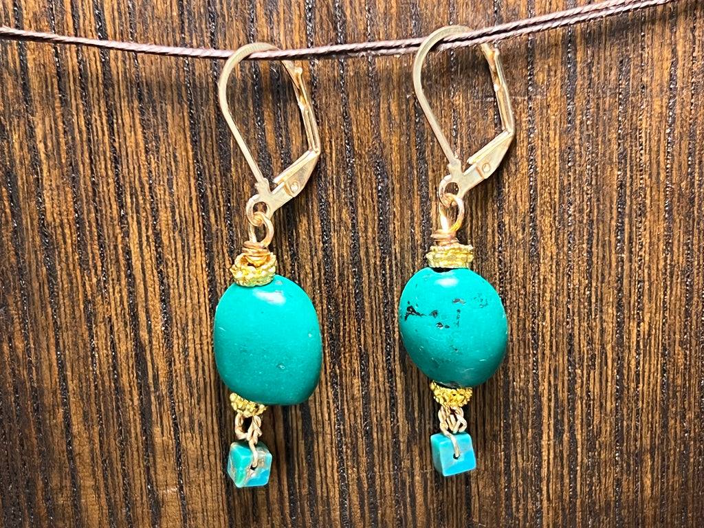 Turquoise Earrings on 14k gold pl stainless steel lever back French hooks