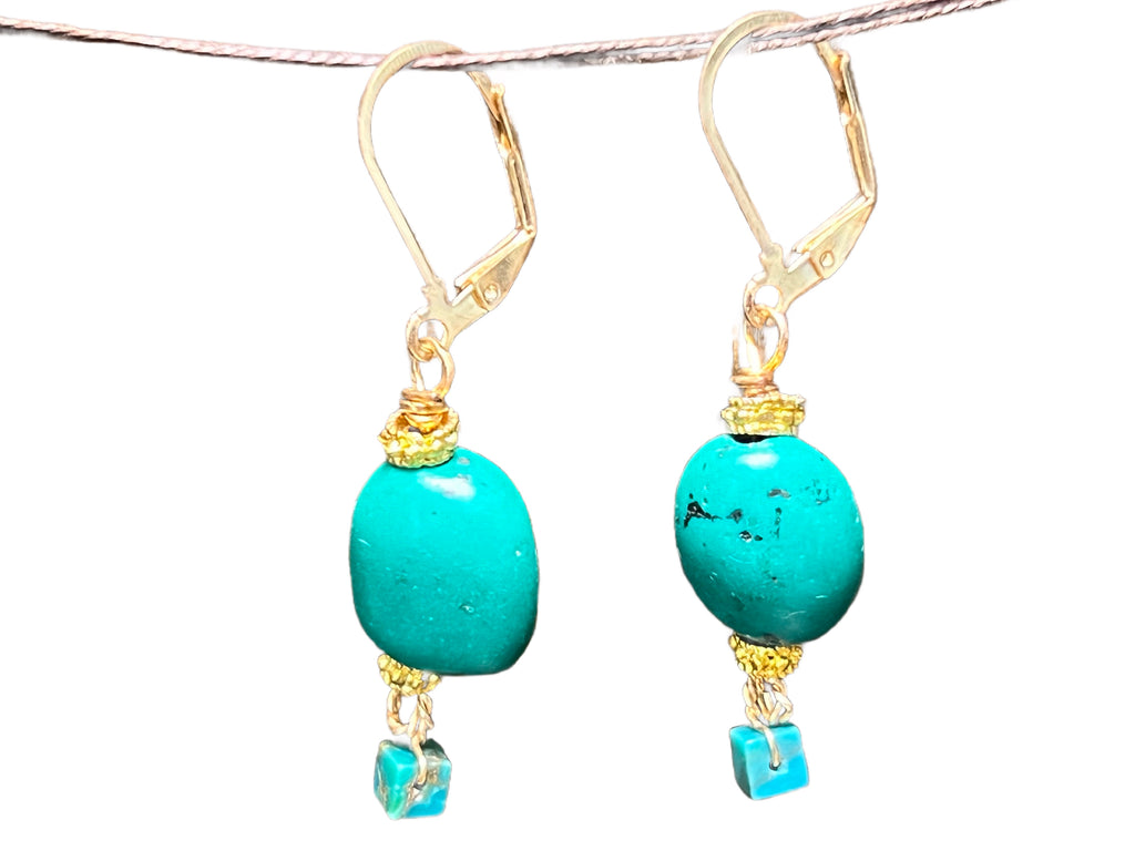 Turquoise Earrings on 14k gold pl stainless steel lever back French hooks